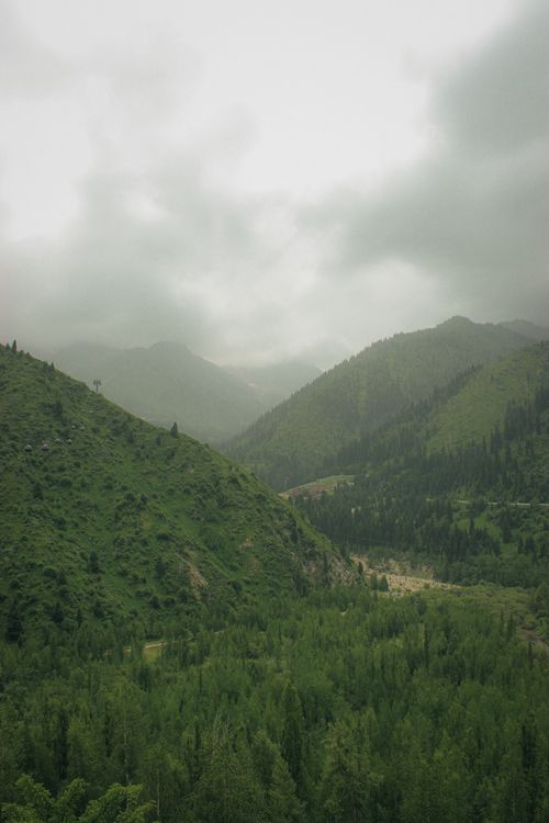 Free Tranquil view of lush green mountains and valleys under a cloudy sky, creating a peaceful atmosphere. Stock Photo