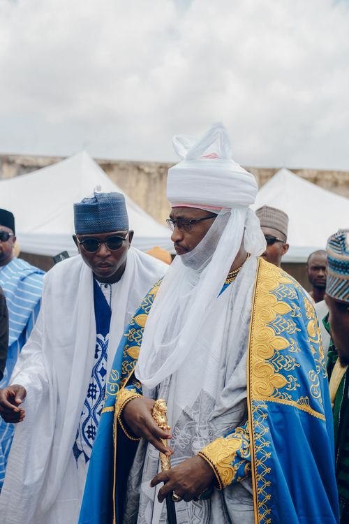 Free Men in traditional Hausa attire at a cultural event in Zaria, Nigeria. Stock Photo
