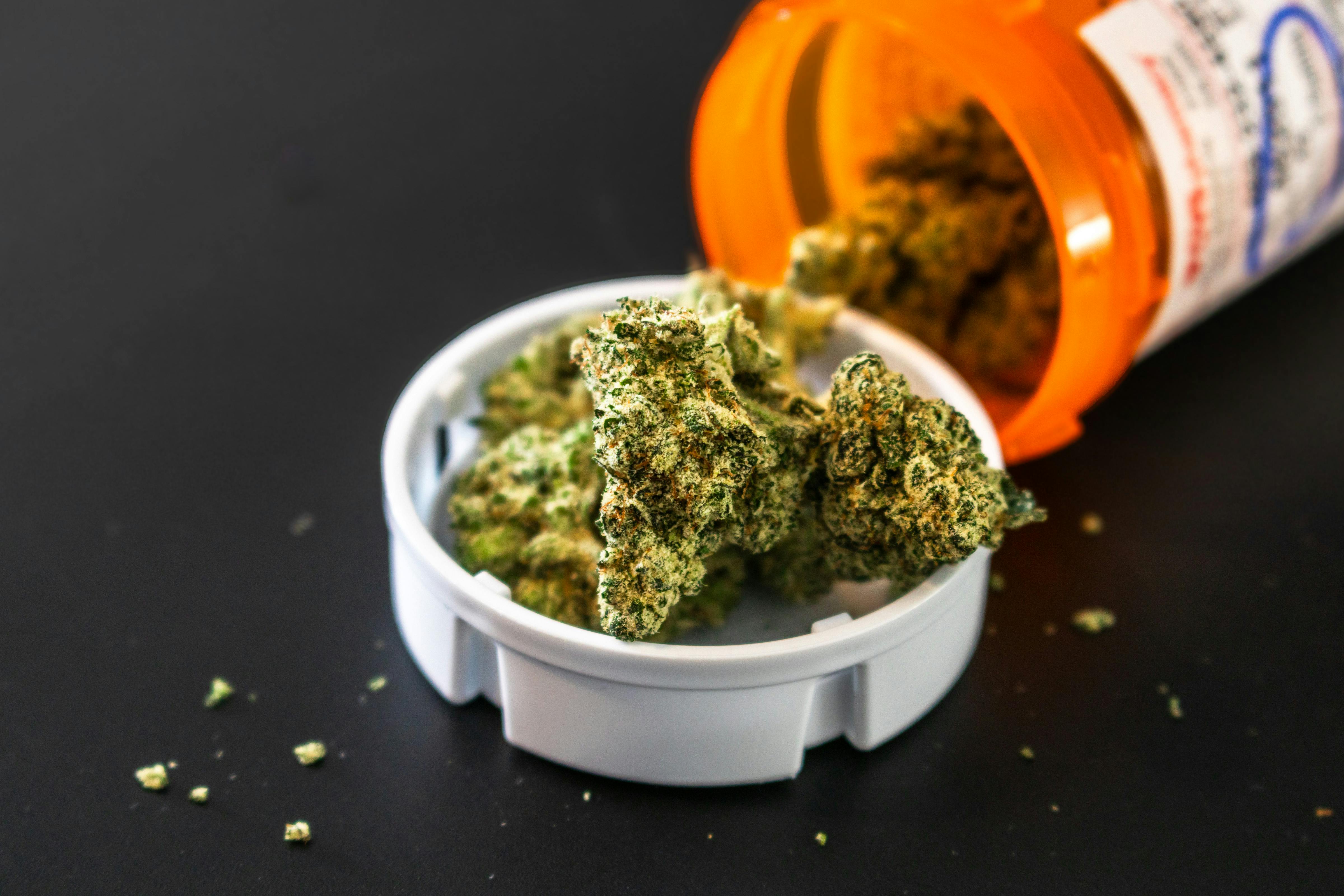 Close-up of medical cannabis spilling from an orange prescription bottle onto a surface.