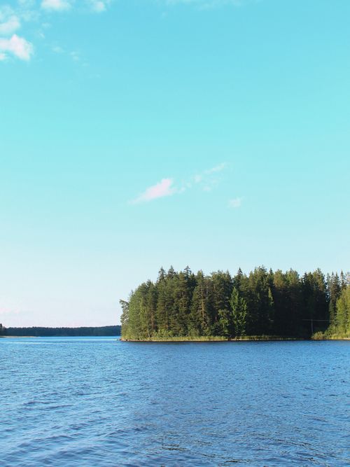 Free Tranquil view of a Finnish lake bordered by dense forest under a clear blue sky, ideal for nature and travel themes. Stock Photo