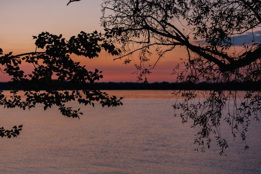 Tranquil sunset view over a lake framed by tree silhouettes and colorful sky.