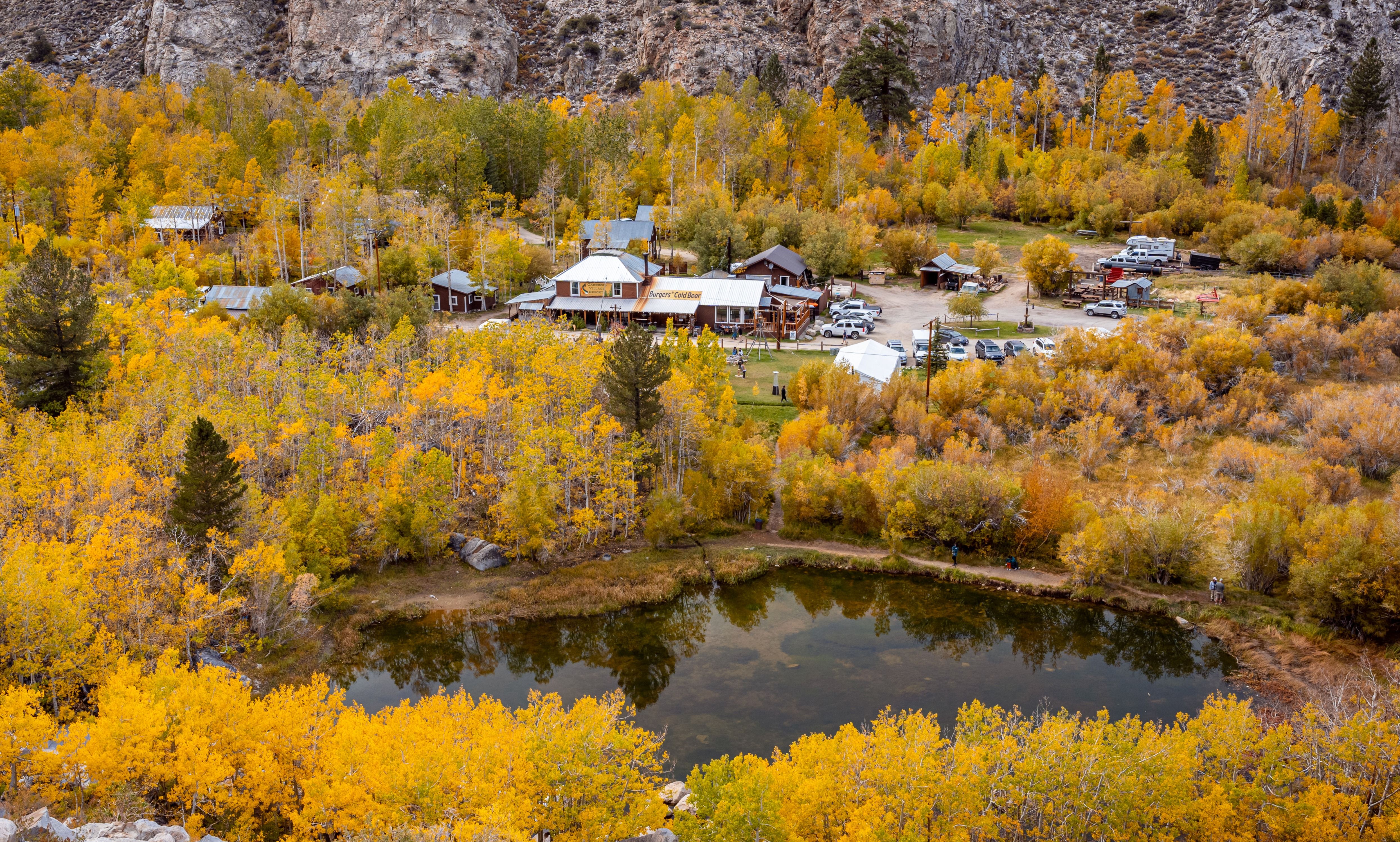 Aerial view of colorful autumn trees surrounding Cardinal Village Resort in Bishop, California.