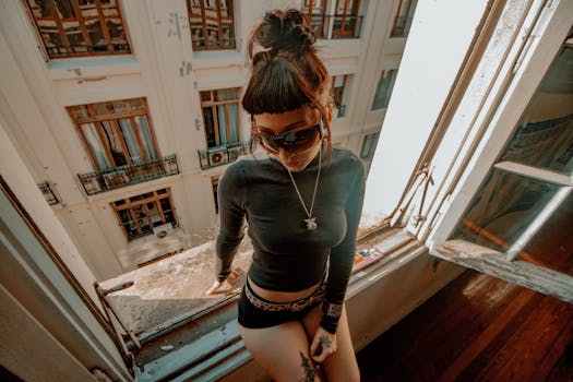 Woman with sunglasses in stylish pose by window in Argentina. Urban fashion captured indoors.