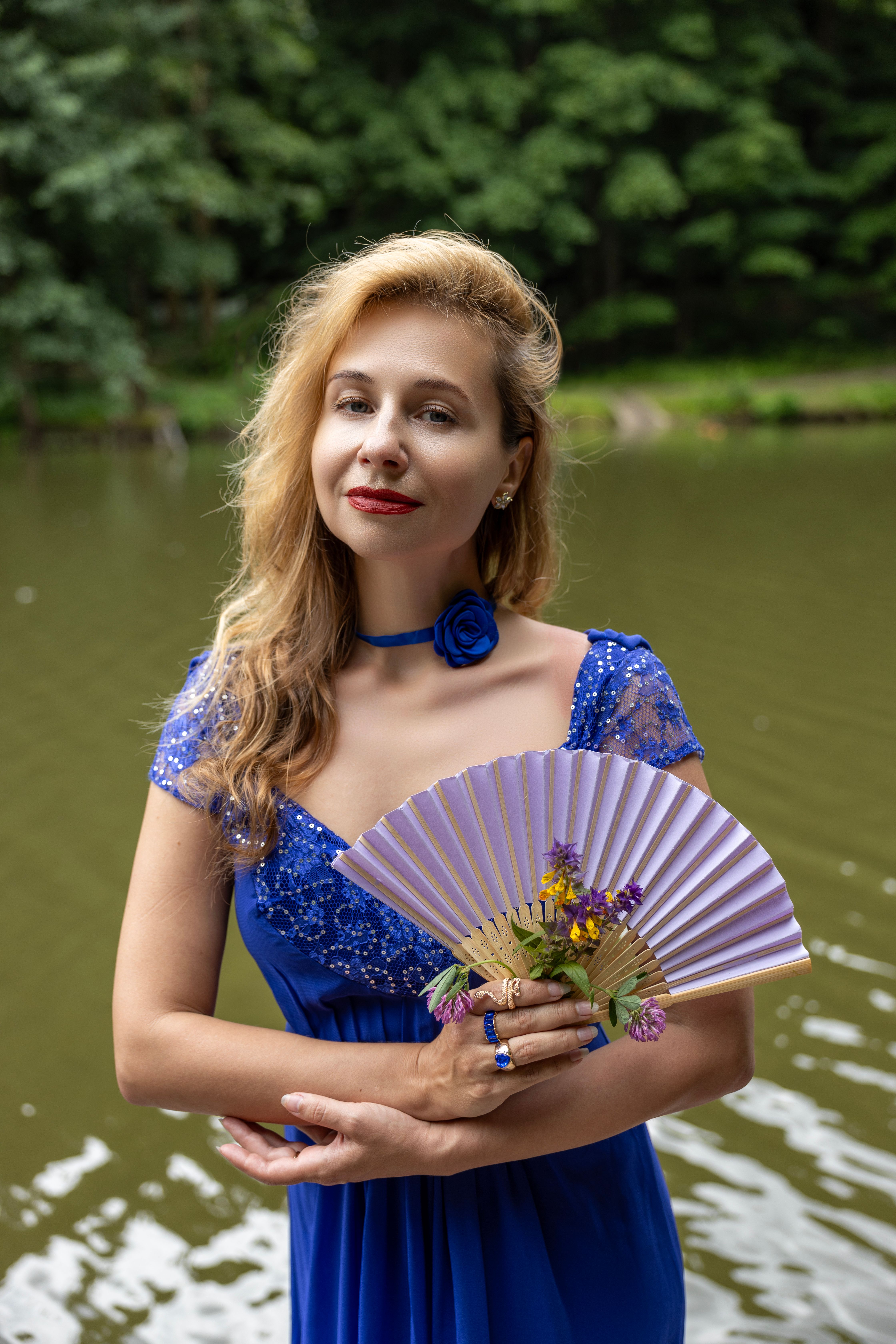 Elegant Woman in Blue Dress by Lakeside · Free Stock Photo