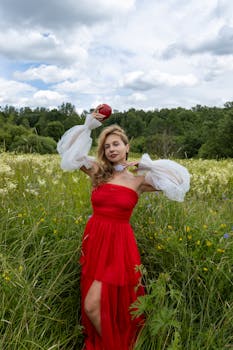 Woman in a red dress holding an apple in a picturesque meadow under a cloudy sky.