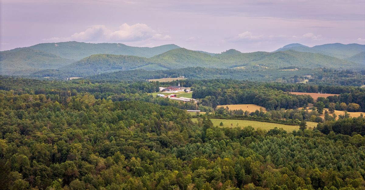 Aerial view of lush greenery and distant Appalachian Mountains under a cloudy sky.