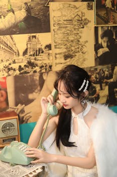 Elegant young woman using a vintage telephone against a retro collage wall in Beijing.