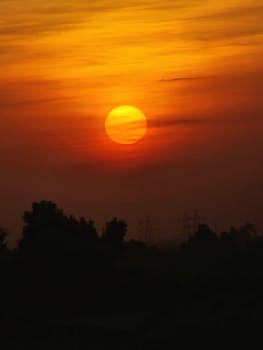 Breathtaking sunset over fields in Navli, Gujarat, India with vivid orange hues and silhouetted trees.