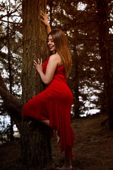 A woman in a red dress posing gracefully against a tree in a serene forest.