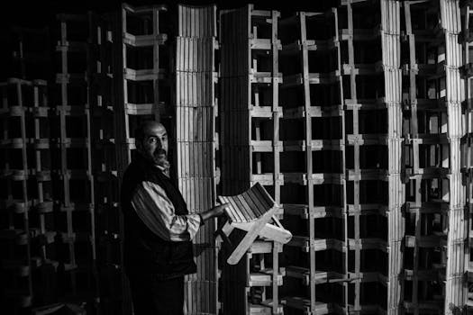 A craftsman holds a wooden piece in a dark, structured workshop setting.