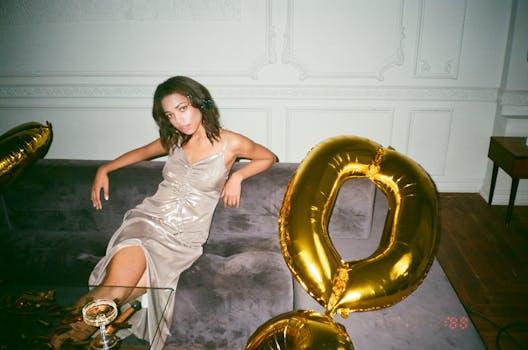 一位身穿缎面连衣裙的女子坐在金色气球上，散发着优雅与派对气息