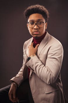 一位身着现代服装的年轻专业人士，在优雅的工作室肖像中散发着自信与风格