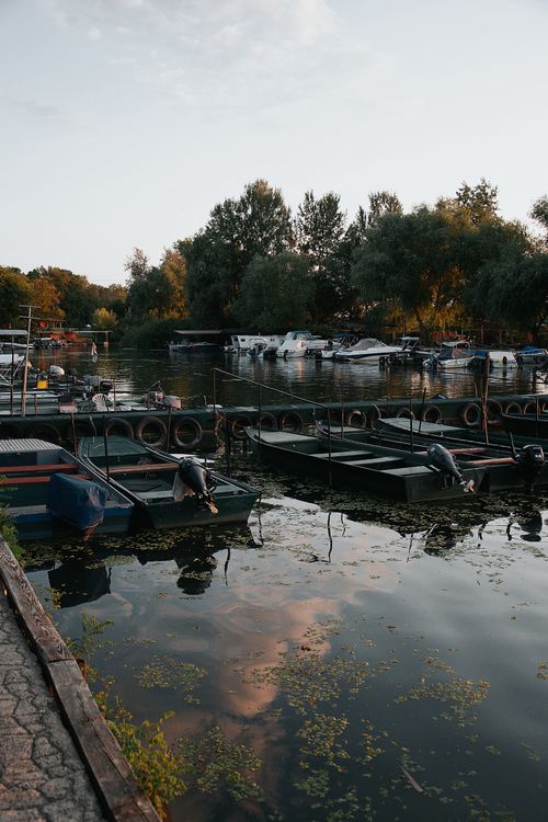 Free Peaceful boatyard at sunset in Hungary, reflecting serene waters and lush greenery. Stock Photo