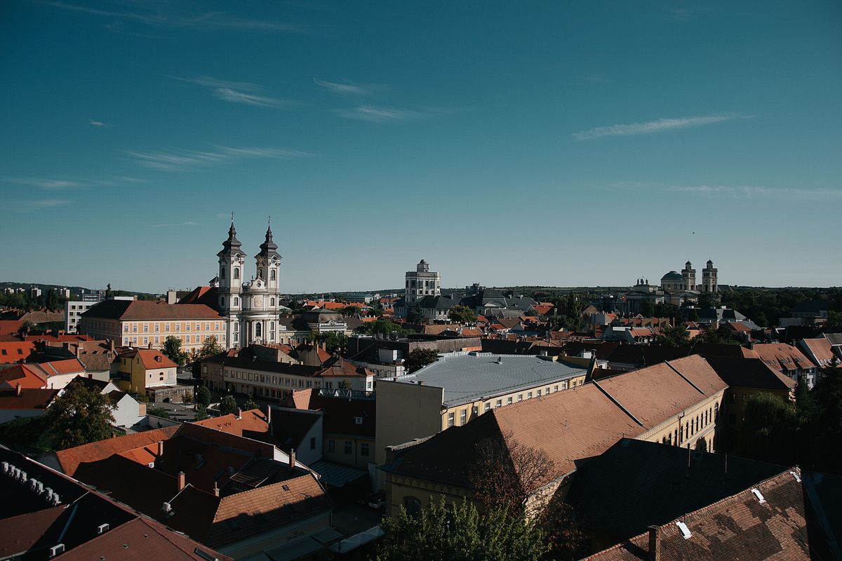 Aerial view of Eger with the twin towers of its basilica