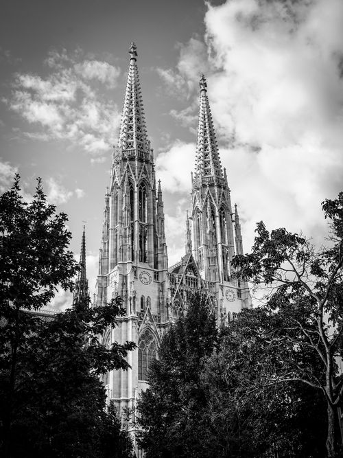 Free Black and white photo of towering Gothic cathedral spires amidst trees under a cloudy sky. Stock Photo