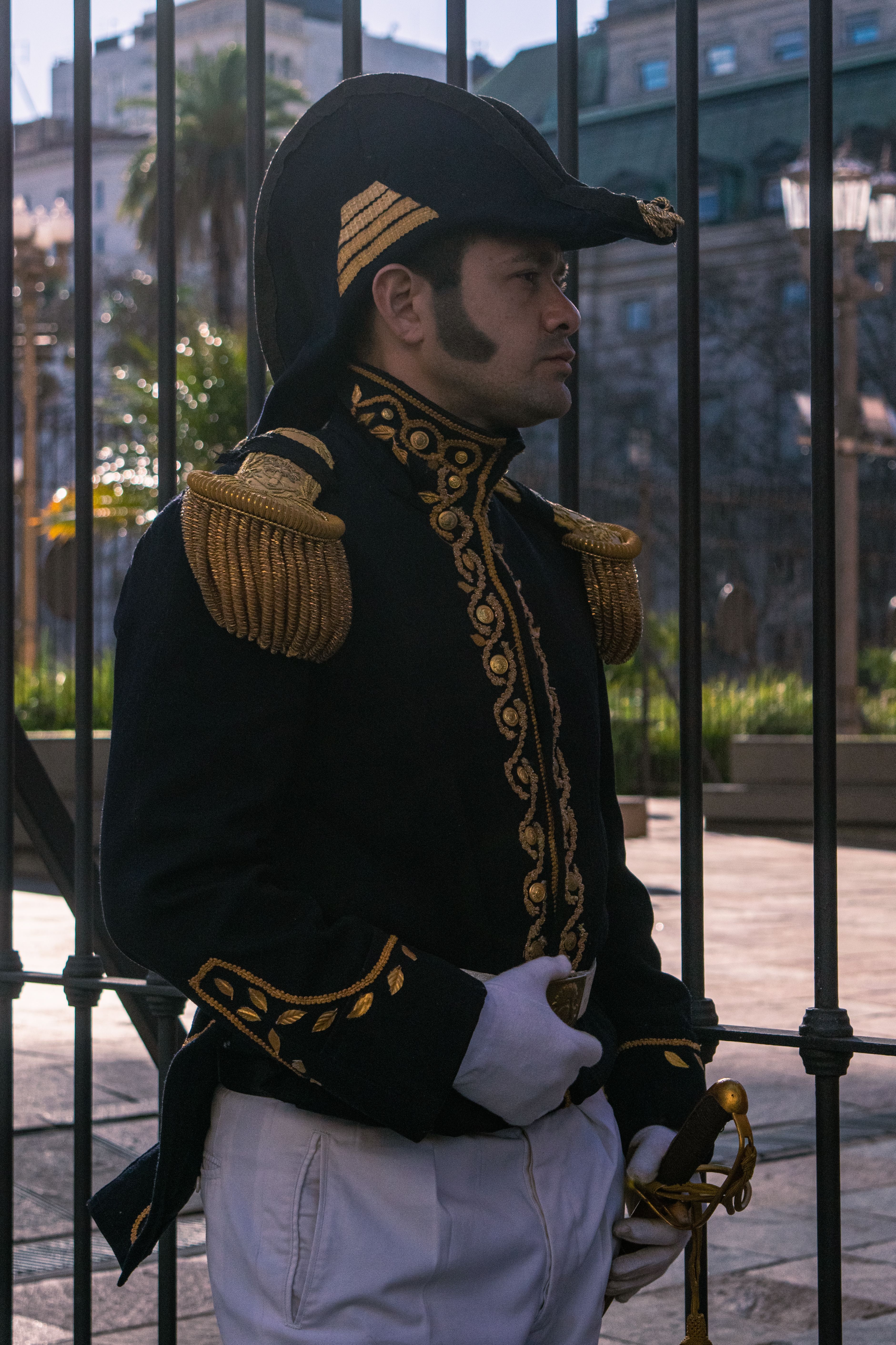 Soldier in traditional uniform standing guard in Buenos Aires, Argentina.