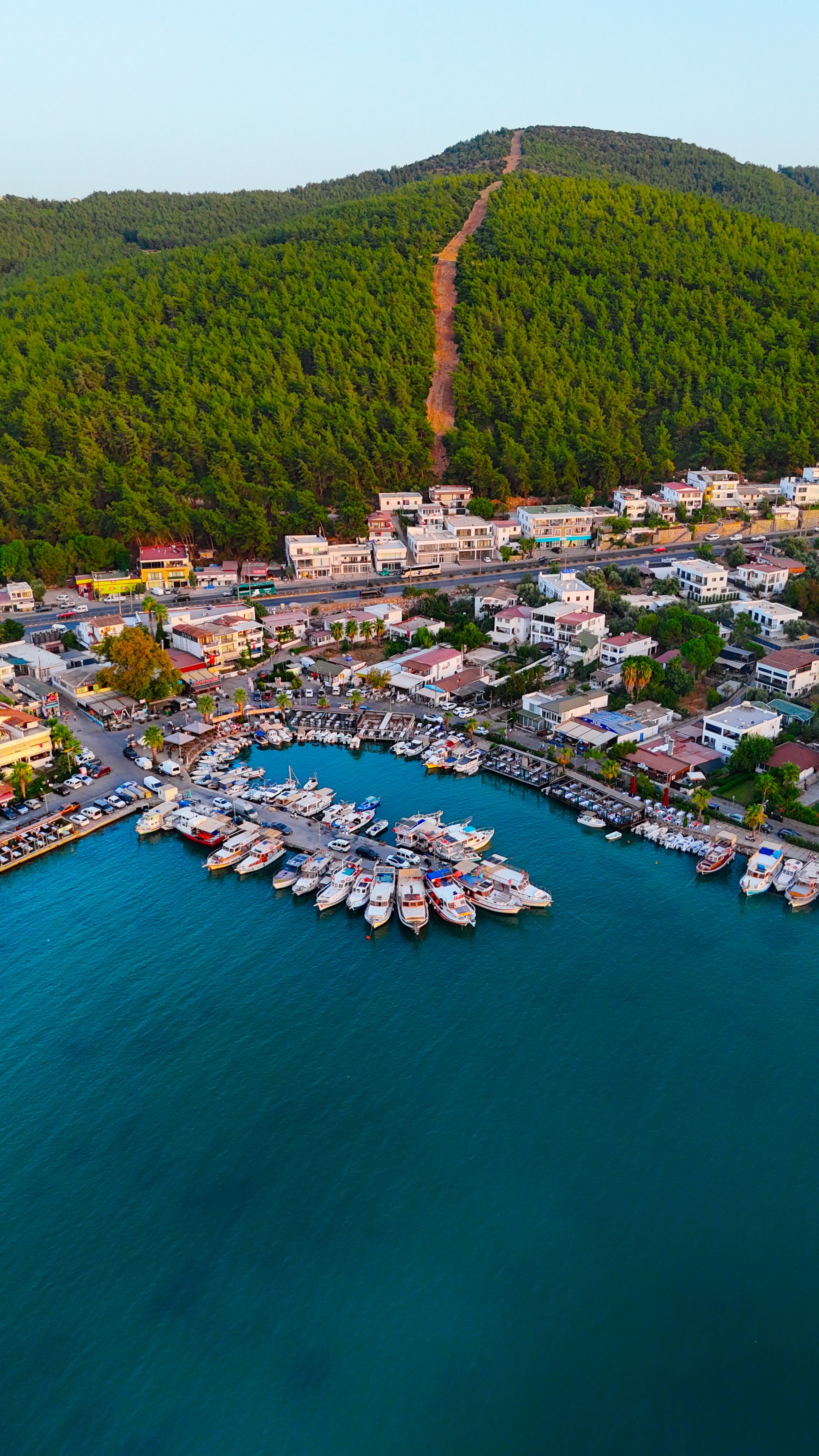 Aerial view of a coastal town with marina and lush green hills. Vibrant sunset lighting.