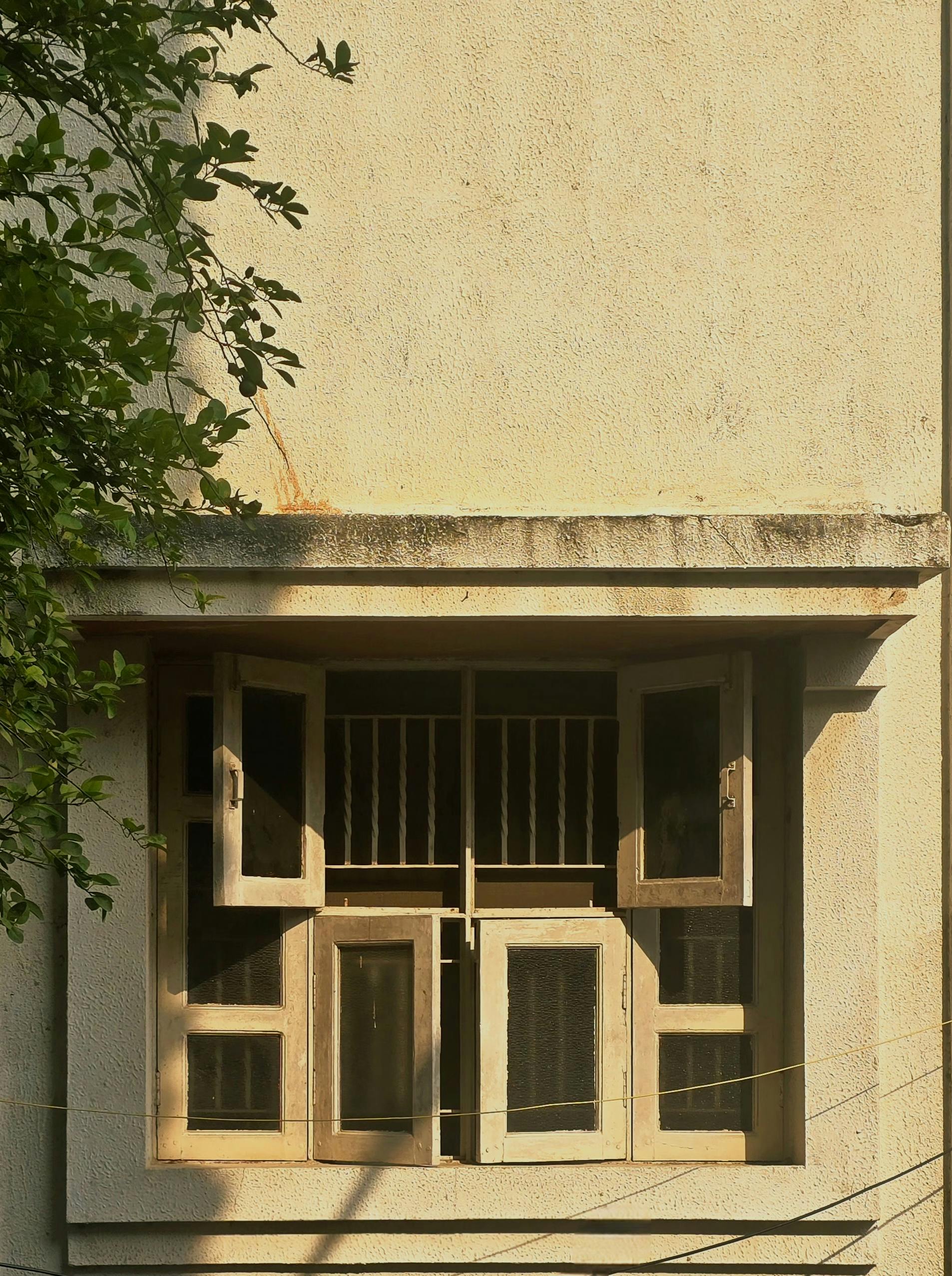 Kostenlos Ein sonnenbeschienenes Vintage-Fenster mit offenen Fensterläden und belaubten Zweigen, die Schatten werfen. Stock-Foto