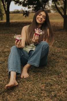 Smiling woman sitting on grass holding birthday cupcakes, enjoying a celebration outdoors.