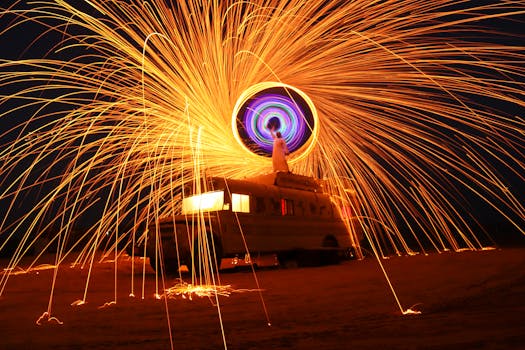 Stunning long exposure capturing steel wool spinning with vibrant sparks against the night sky in Abu Dhabi.