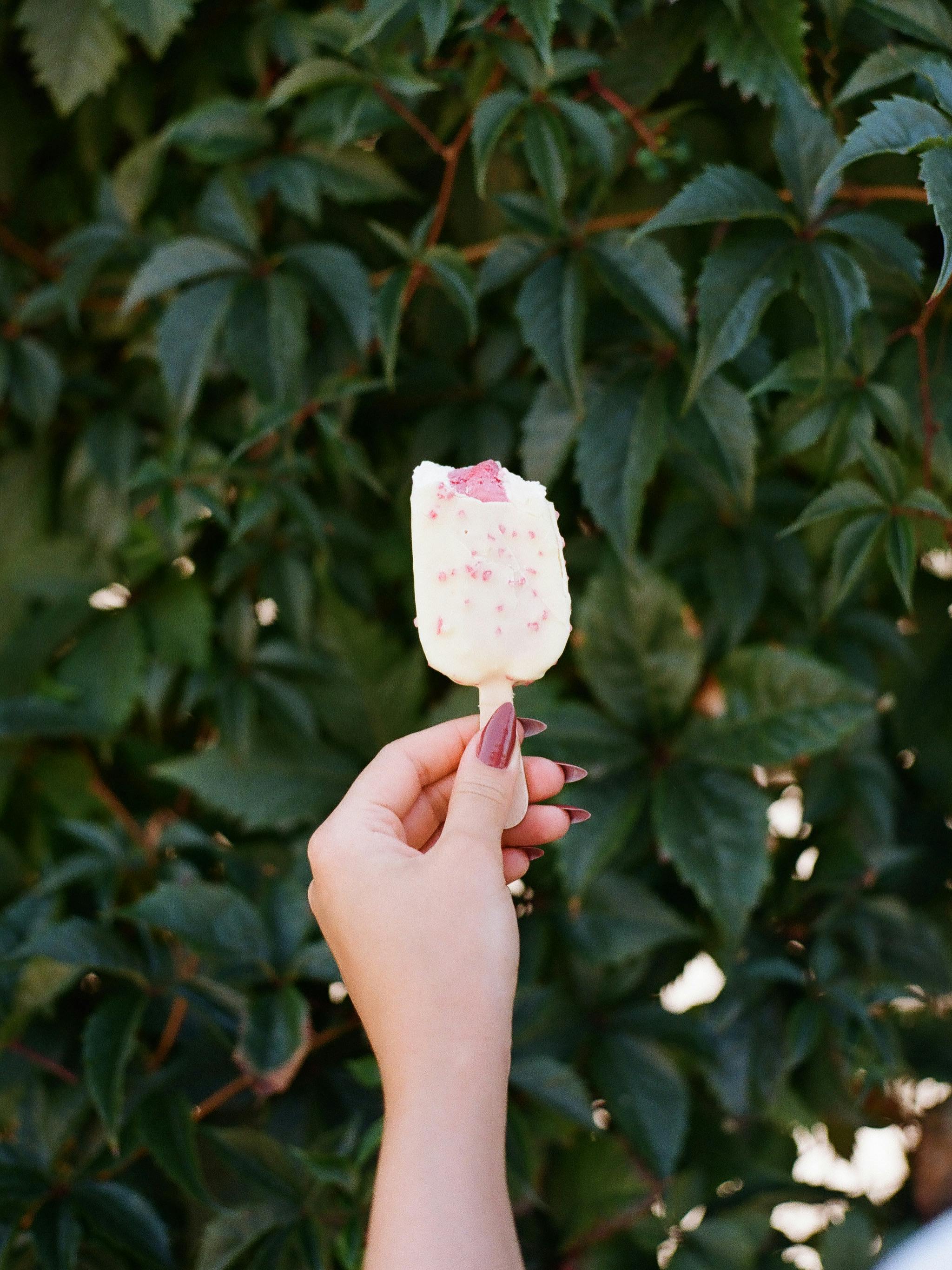 A person holds a bitten ice cream bar with a leafy green background, capturing summer vibes.