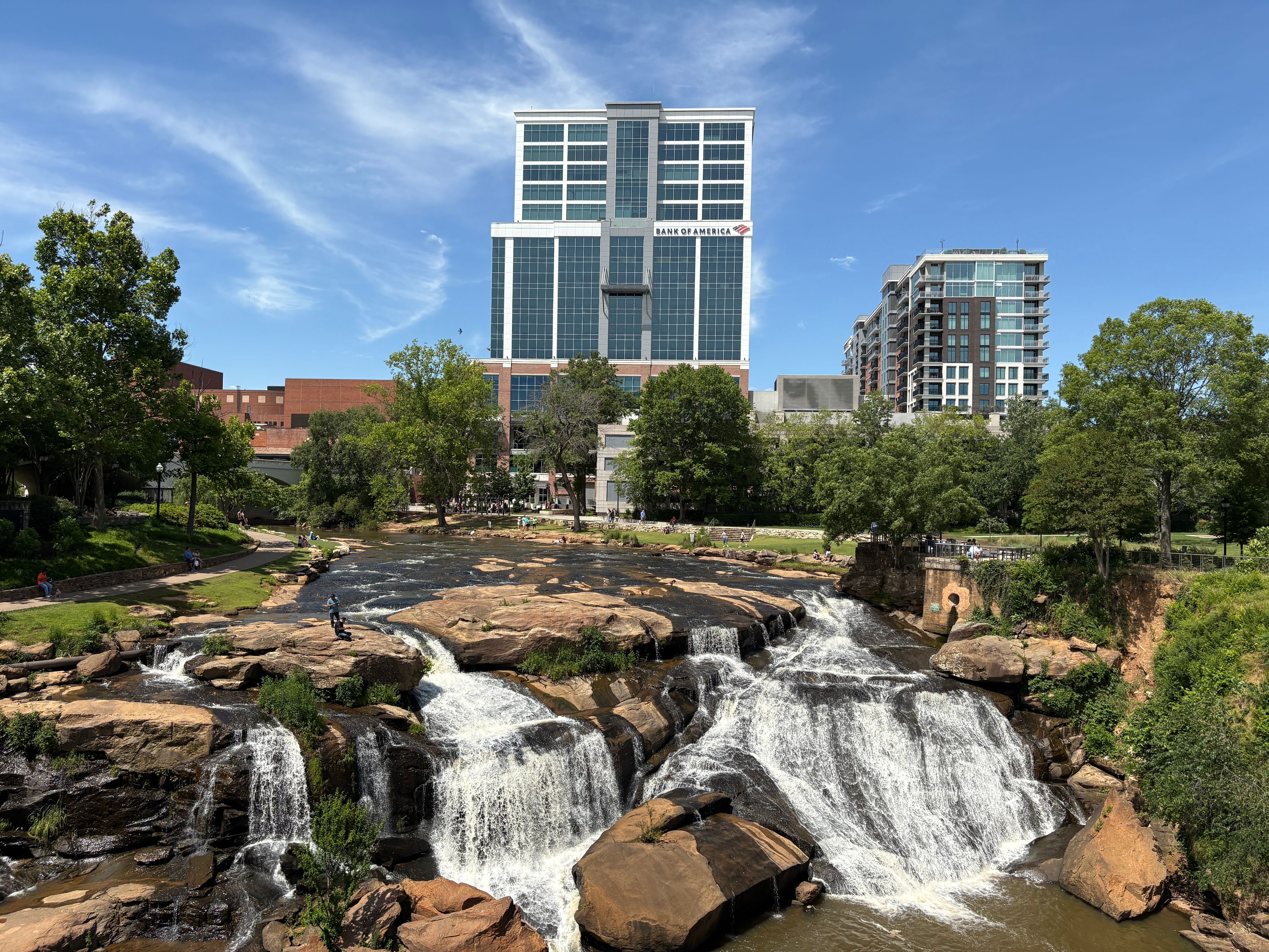 Greenville: Reedy River Falls and downtown buildings in Greenville