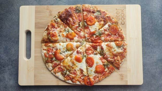 A tasty Margherita pizza with fresh tomatoes, cheese, and herbs on a wooden board.