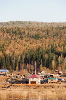 Charming village in Irkutsk, Russia nestled against a lush forest, showcasing rural beauty and tranquility.