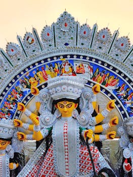 Vibrant statue of Goddess Durga during Durga Puja festival celebration.