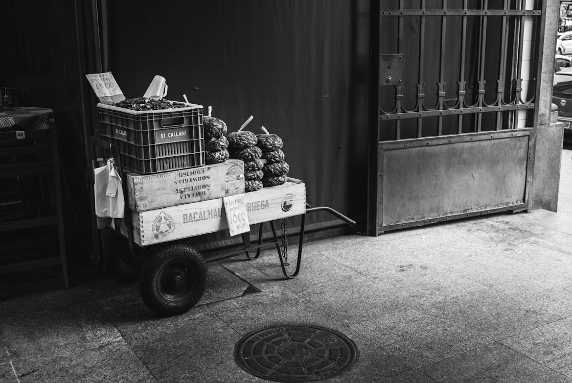 Zwart Wit Fotografie Van Landbouwproducten Op Wagen Te Koop