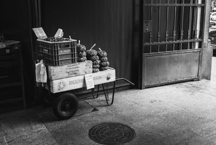 Monochrome Photography Of Farm Produce On Cart For Sale