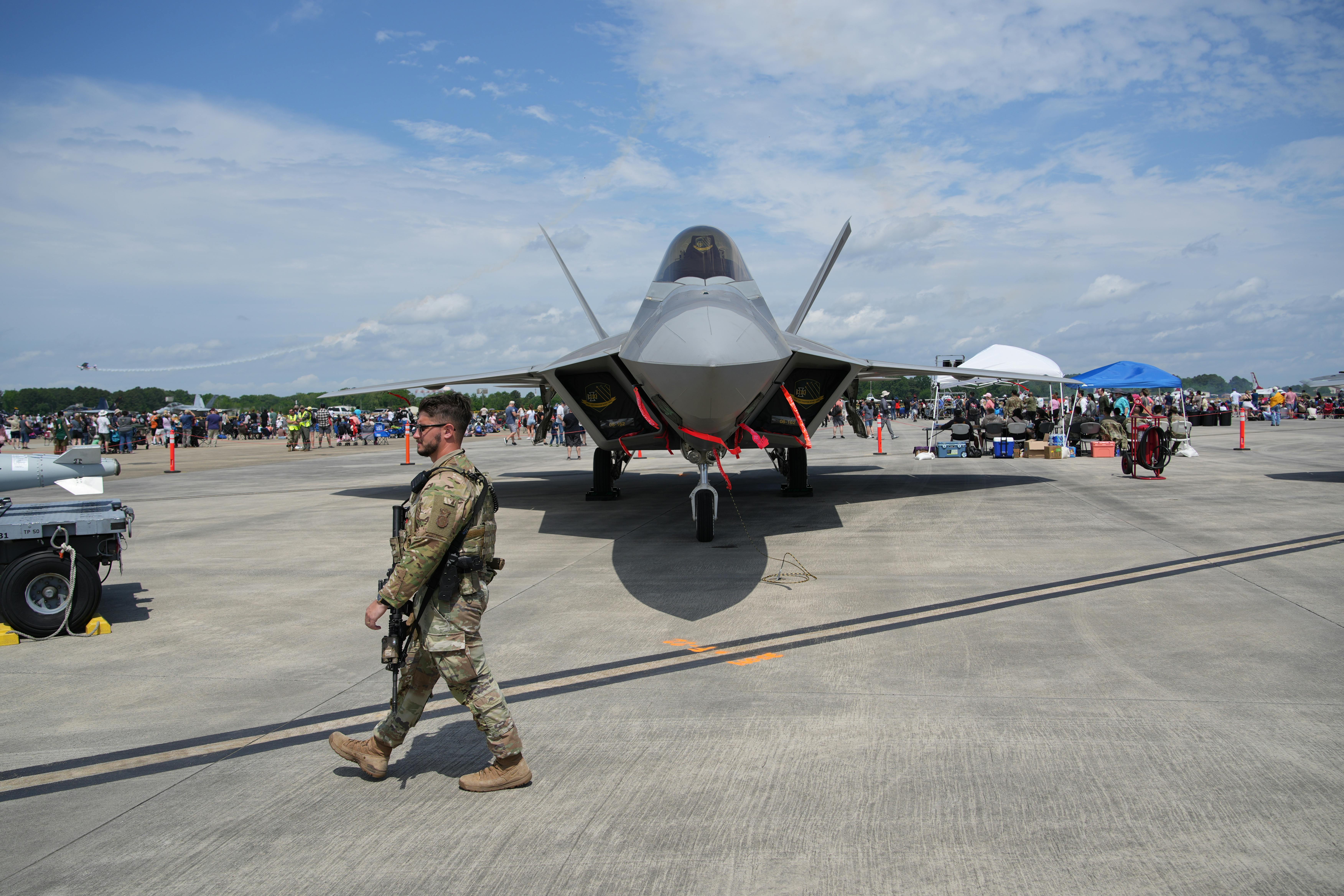 American military fighter jet displayed at an air show in Hampton, Virginia.