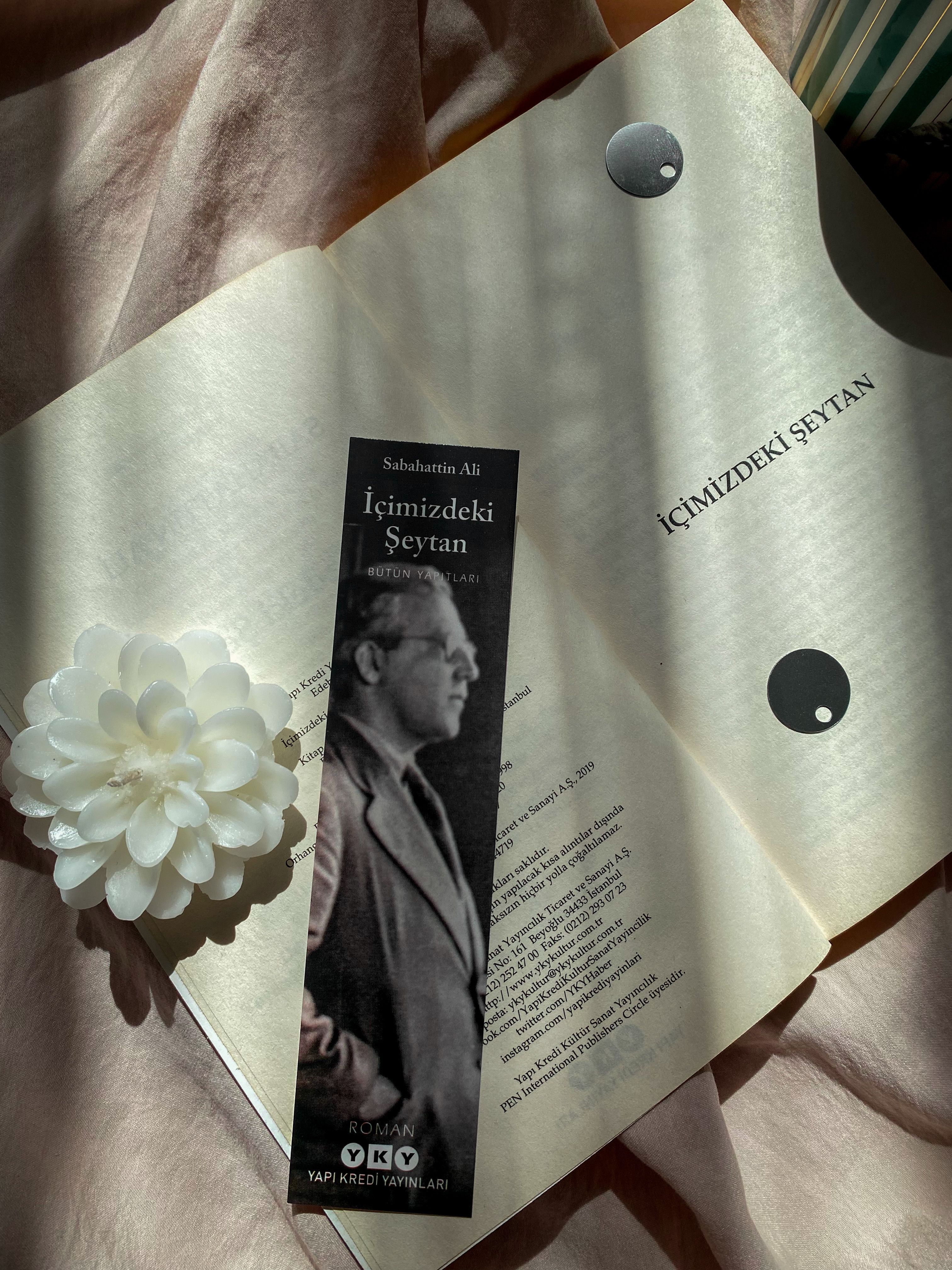 A book with a flower and bookmark artistically arranged, set in warm natural light.