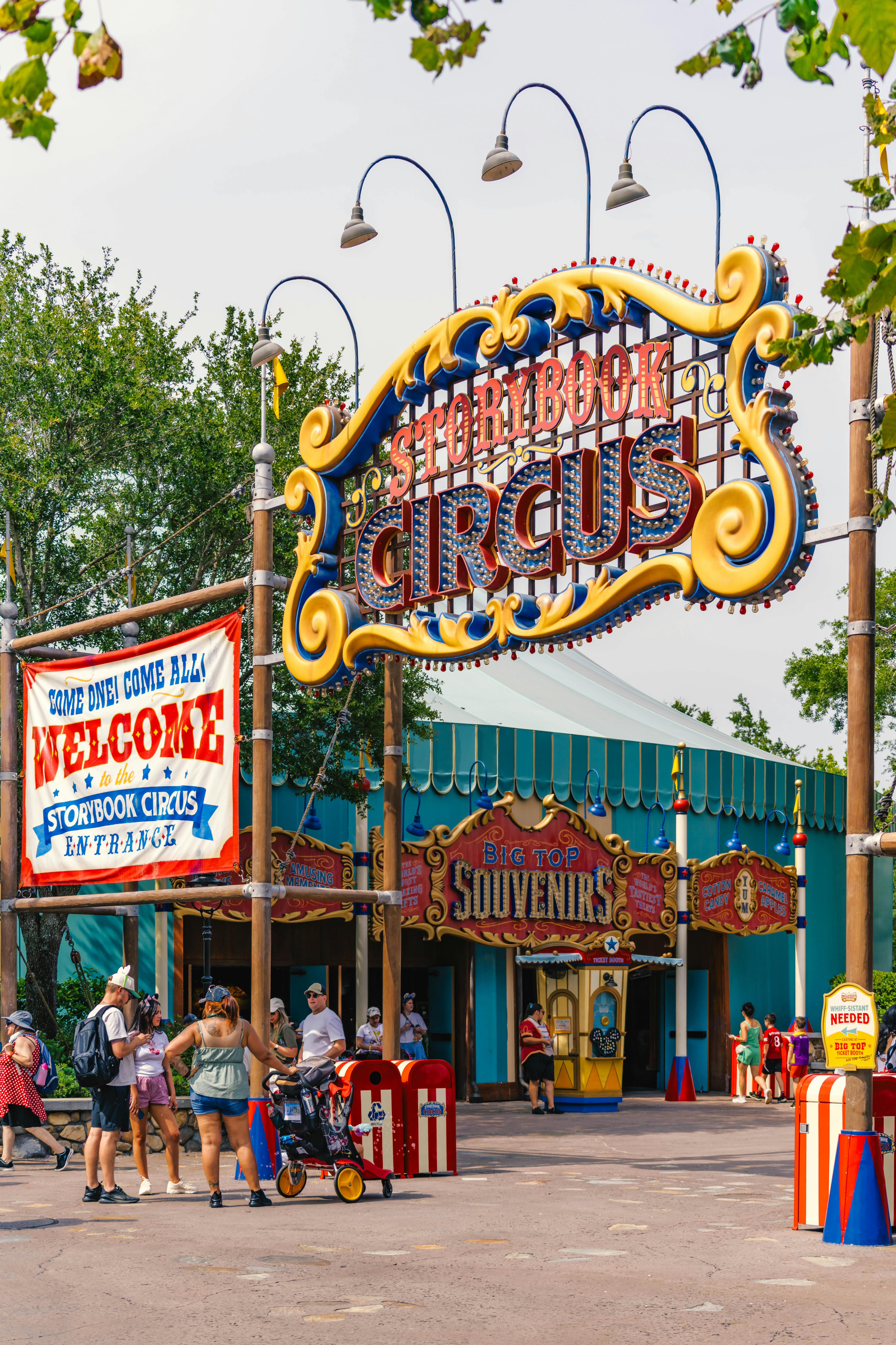 Colorful entrance to Storybook Circus in Orlando, capturing its whimsical fairground charm.