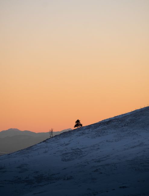 A serene winter sunset over the snowy mountains of Velika Planina, Slovenia.