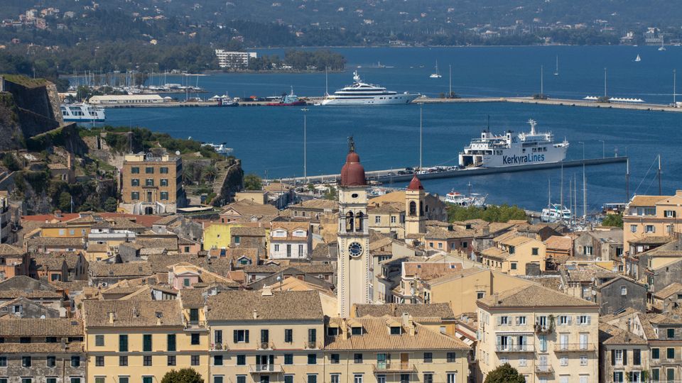 Beautiful aerial view of Corfu Town with historic architecture and harbor in Greece.