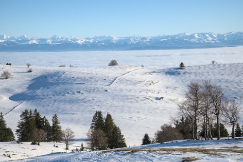 Free Breathtaking view of snow-covered landscape with distant snowy mountains under a clear blue sky. Stock Photo