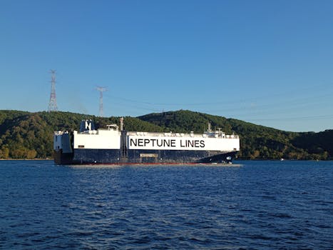 Neptune Lines cargo ship cruising through calm waters surrounded by green hills.
