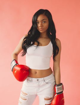 一位自信的女性戴着拳击手套，在粉色背景下摆出姿势，展现力量与风格