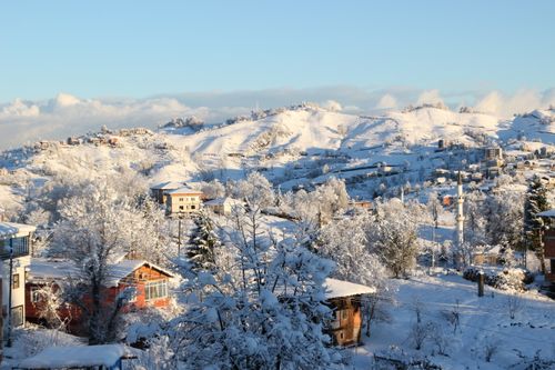 Free A scenic view of a snow-covered village and hills under a clear winter sky. Stock Photo