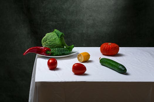 Artistic arrangement of vegetables including cabbage, pepper, and tomato on a table.