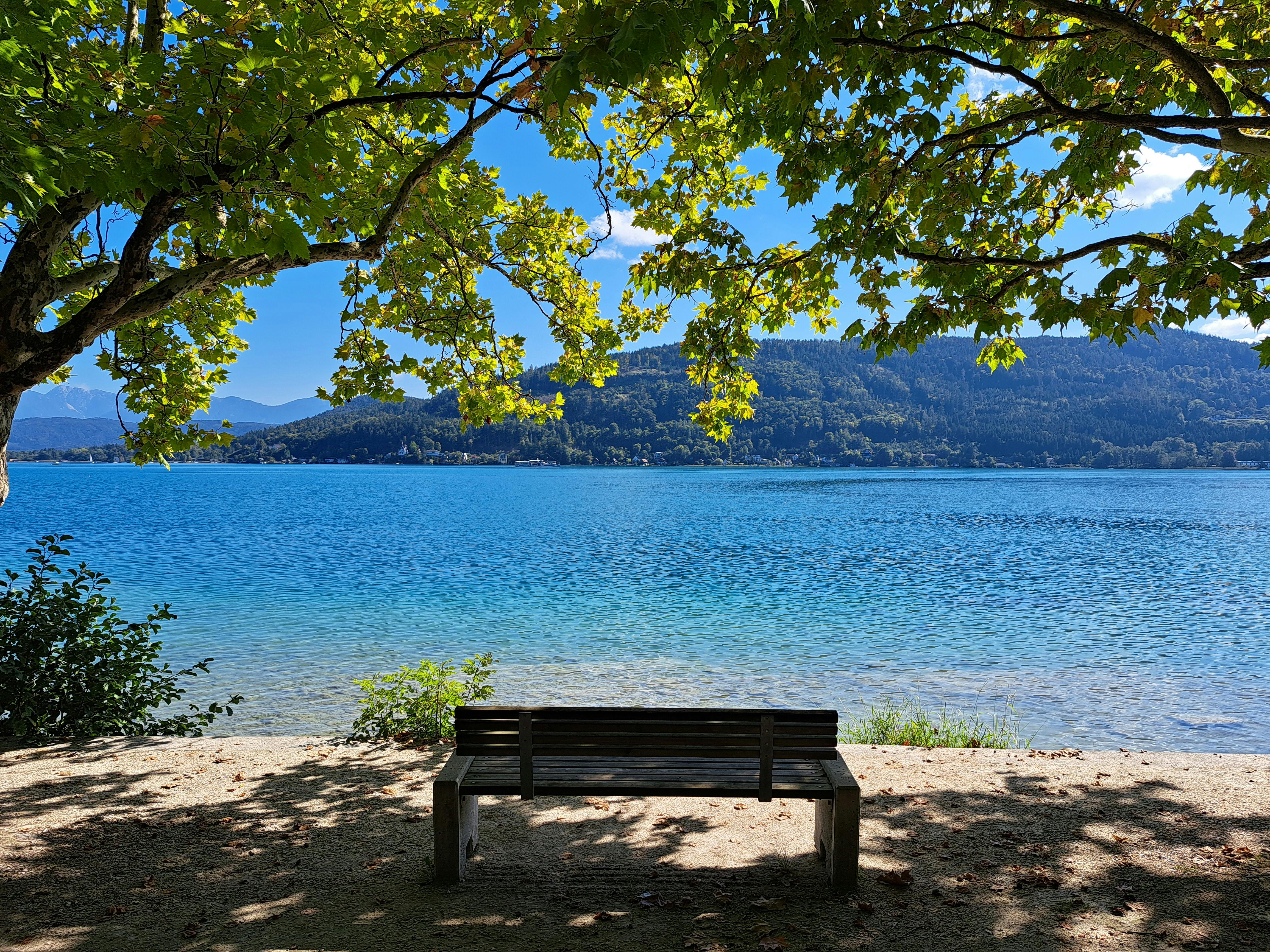 Peaceful bench by Wörthersee lake in Klagenfurt, Austria.