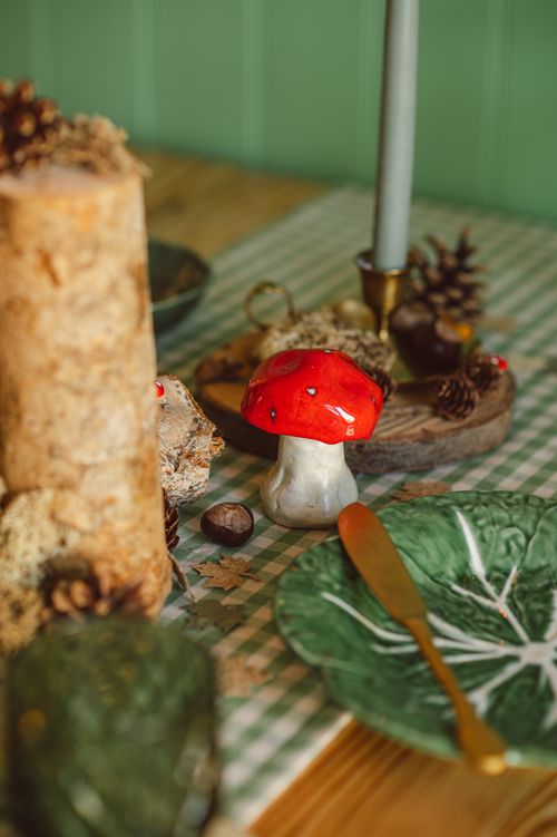 Free Cozy fall table setting featuring toadstool ornaments, pine cones, and earthy decorations. Stock Photo