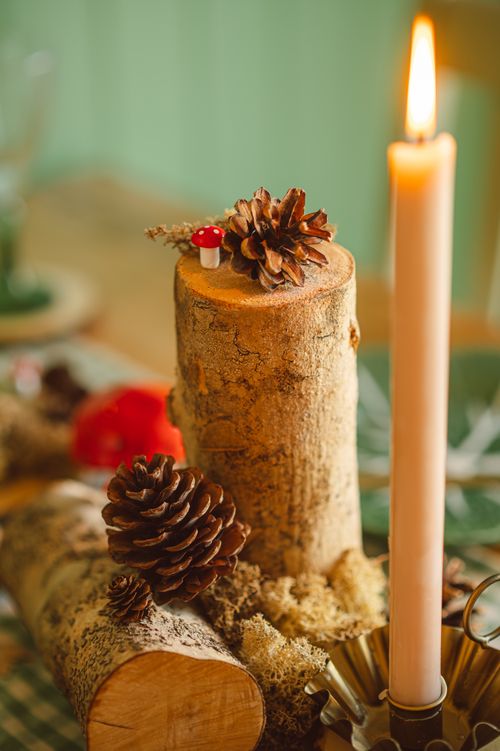 Free Warm autumn tablescape featuring pine cones, wooden logs, and a lit candle for cozy decor. Stock Photo
