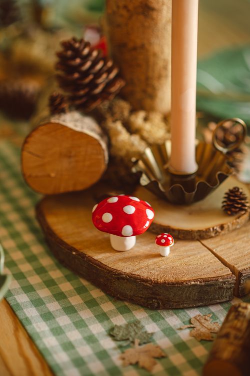 Free A warm and inviting autumn table setting featuring red mushrooms and pinecones. Stock Photo