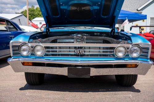 Free Front view of a classic blue Chevrolet car at a sunny car show in Nelson, Wisconsin. Stock Photo
