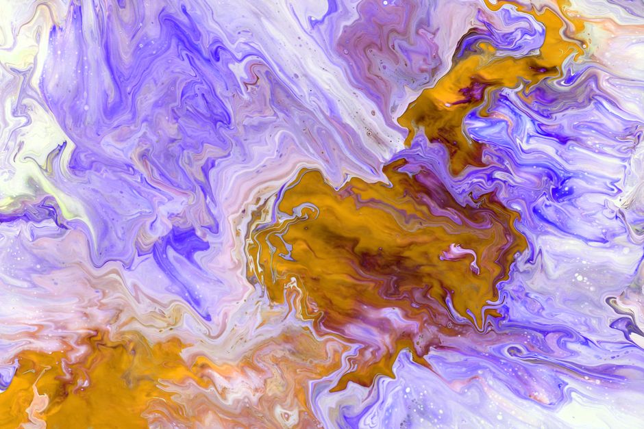 Dynamic abstract painting with swirling purple and gold tones creating a fluid, energetic composition.