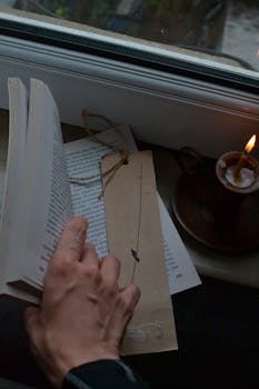 Hand reads book by window with candlelight, creating a serene, cozy atmosphere.