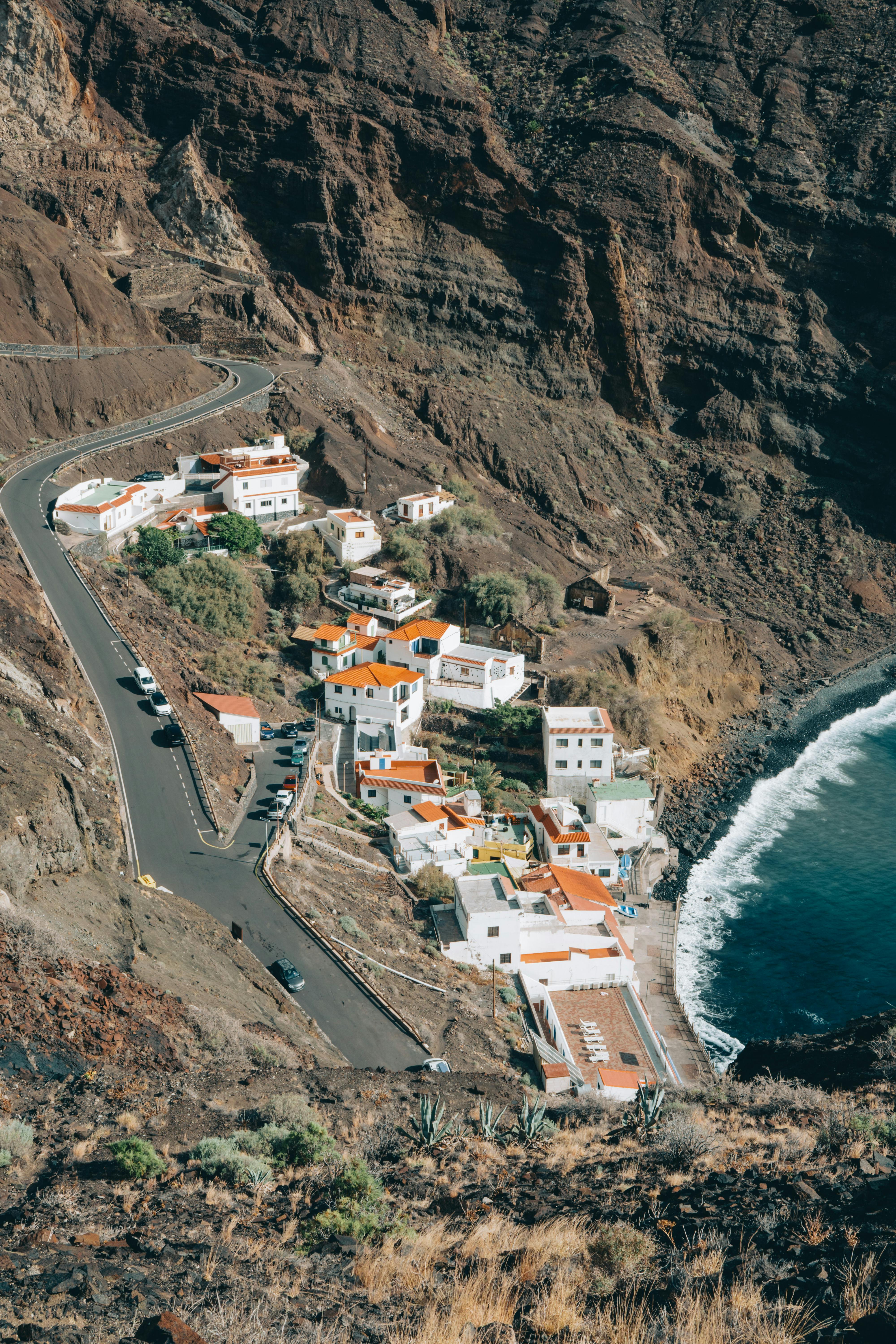 A scenic aerial view of Alojera, a charming village on La Gomera's coast in Spain.