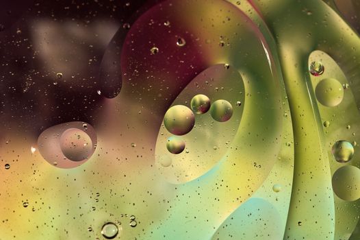 Vibrant abstract image of oil bubbles on water with a colorful background.
